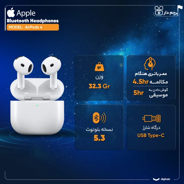 هدفون بلوتوثی اپل مدل AirPods 4 فاقد قابلیت نویز کنسلینگ، درگاه شارژ USB Type-C، شارژ بی س 102796089